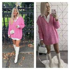 ZARA Oversized V-Neck Sweater M Pink